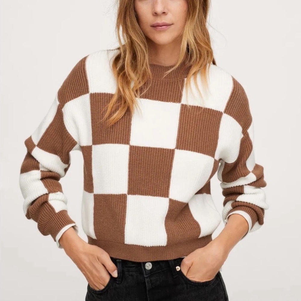 Mango Brown Checkered Sweater